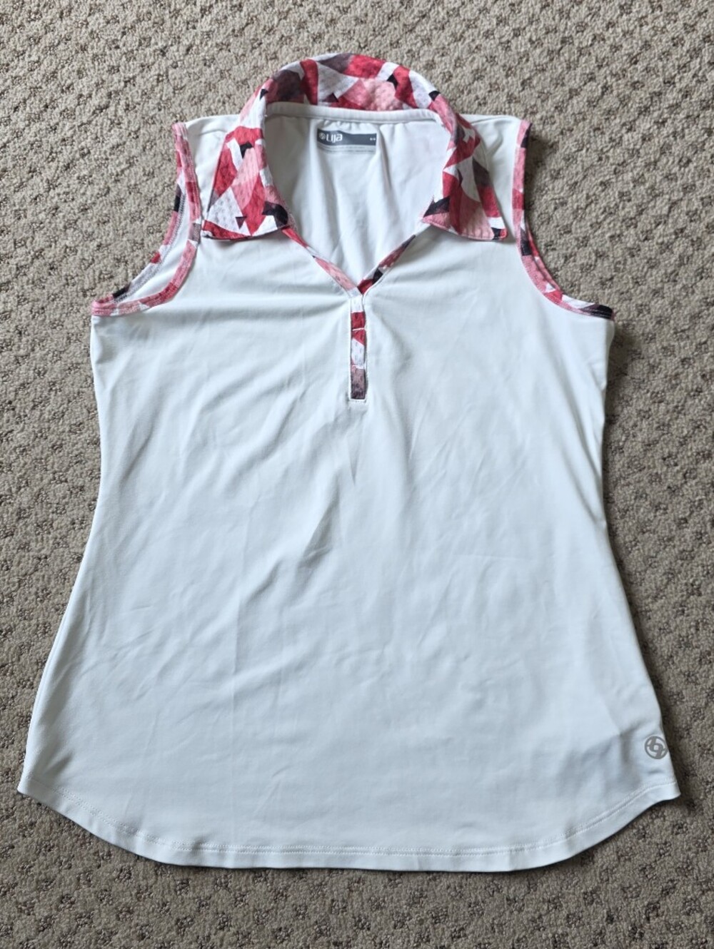 Lija White Sleeveless Polo Tank with Pink Geometric Trim